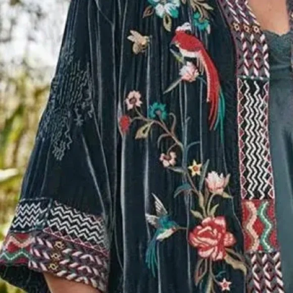 Johnny Was Gen Boho Velvet Floral Embroidered Kimono Jacket Jasper NWT